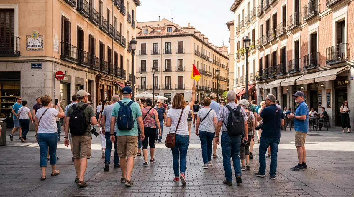 Grupo de turistas siguiendo a su guía por una calle del centro de Madrid