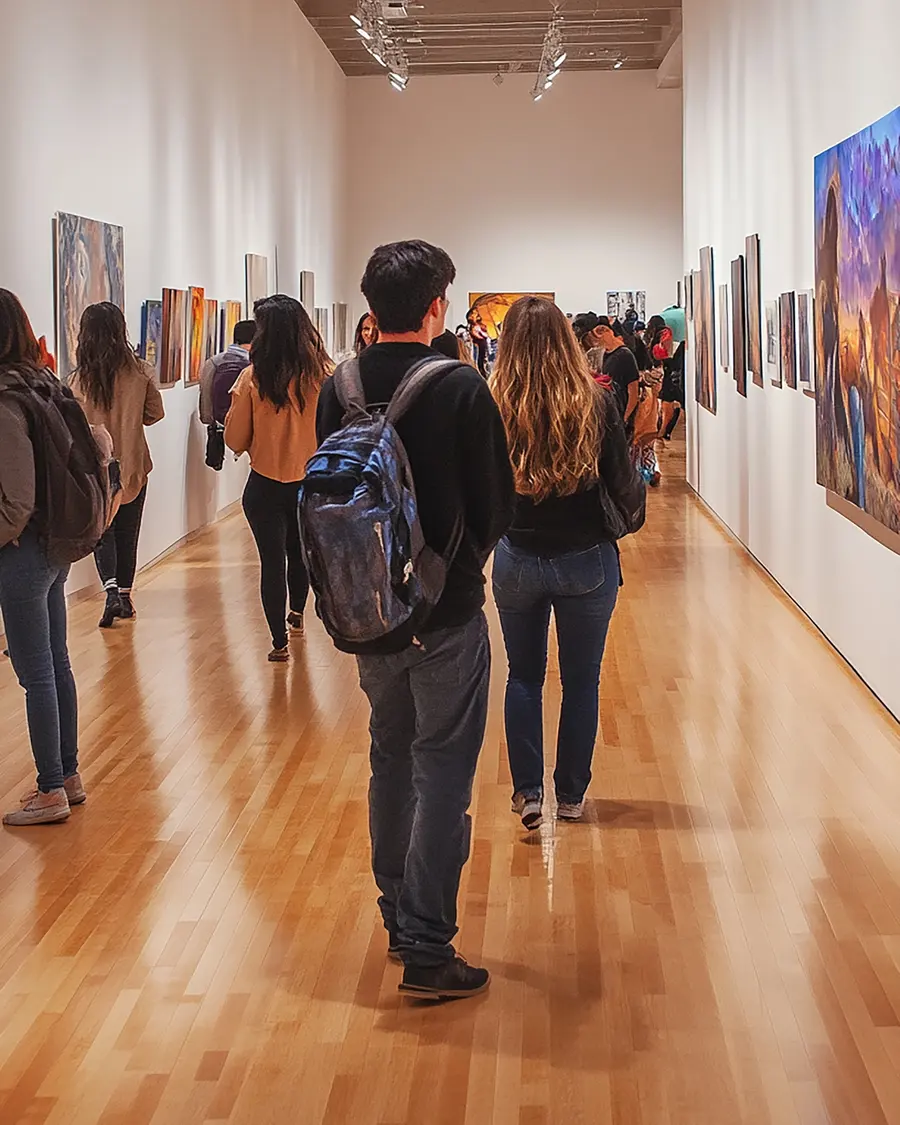 Visitantes recorriendo una galería de arte